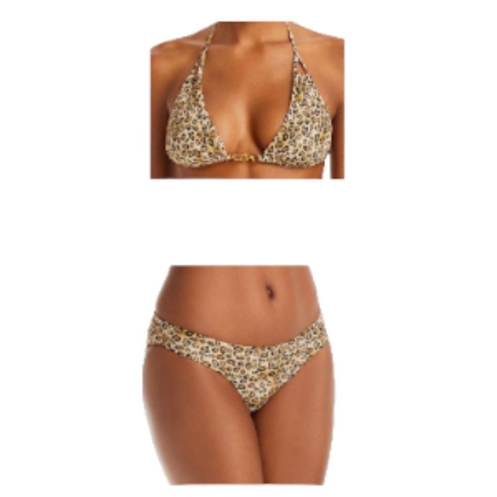 Pq Swim Chain Trim Leopard Print Bikini Top + Ruched Bikini Bottoms Larg